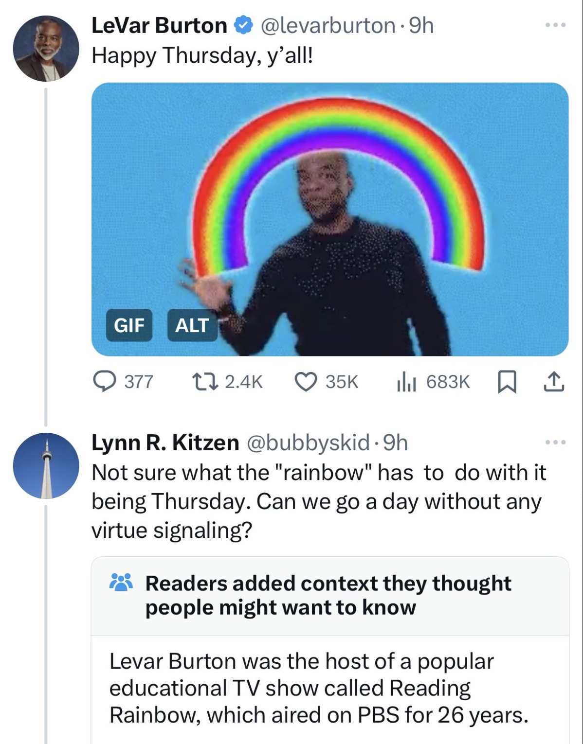 screenshot - 9h LeVar Burton Happy Thursday, y'all! Gif Alt Q377 35K 1 Lynn R. Kitzen . 9h Not sure what the "rainbow" has to do with it being Thursday. Can we go a day without any virtue signaling? Readers added context they thought people might want to 